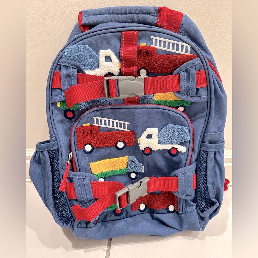 Pottery Barn Mackenzie Blue Trucks Chenille Backpack